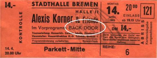 Eintrittsticket: Alexis Korner & Back Door 1975
