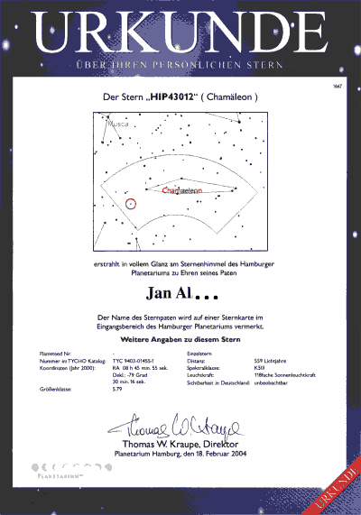 Urkunde Sternenpartnerschaft Planetarium Hamburg
