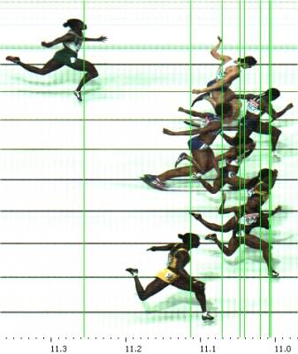 Leichtathletik-WM 2007 in Osaka: 100-m-Finale Frauen Fotofinish