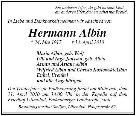 Hermann Albin – 24.05.1917 – 14.04.2010
