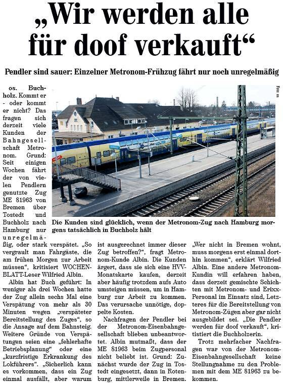 Kreiszeitung-Wochenblatt vom 21.03.2015: Pendler werden für doof verkauft