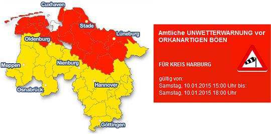 Unwetterwarnung für den Landkreis Harburg/Niedersachsen – Orkantiefs Elon und Felix Januar 2015