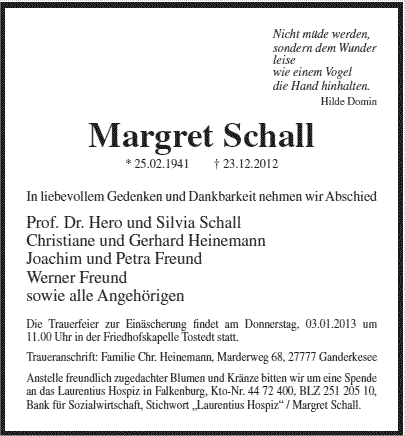 Todesanzeige: Margret Schall, Tostedt