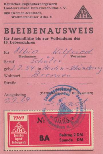 DJH: Bleibenausweis für Willi aus dem Jahr 1969